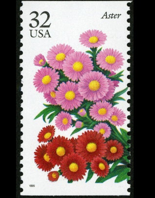 Five 5 vintage unused postage stamps - Aster, fall garden flowers 32c // 32 cent stamps // Face value 1.45