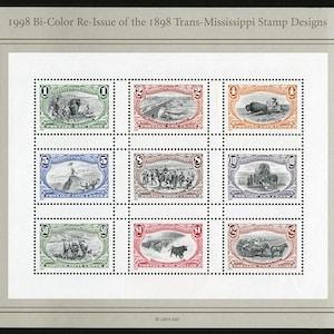 May include: A sheet of nine postage stamps featuring black and white illustrations of historical events from the 1898 Trans-Mississippi Exposition. The stamps are arranged in three rows of three. The stamps are in denominations of 1, 5, and 10 cents. The stamps are from the 1998 Bi-Color Re-Issue of the 1898 Trans-Mississippi Stamp Designs.