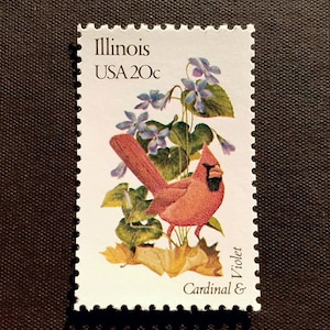 Cinco sellos postales antiguos sin usar: pájaro y flor del estado de Illinois, 20 c // Sellos de 20 centavos // Valor nominal 1,00