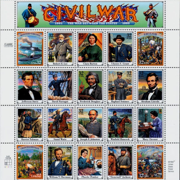 Civil War (stamp sheet) // Twenty 20 vintage unused postage stamps // 32 cent stamps // Face value 6.40