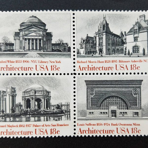 Four 4 Architecture 18c // vintage unused postage stamps // 18 cent stamps // Face value 0.72