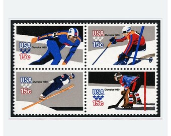 Five 5 Winter Olympics 1980 15c stamps // vintage unused 15 cent postage stamp // set of 4 // face value 0.60