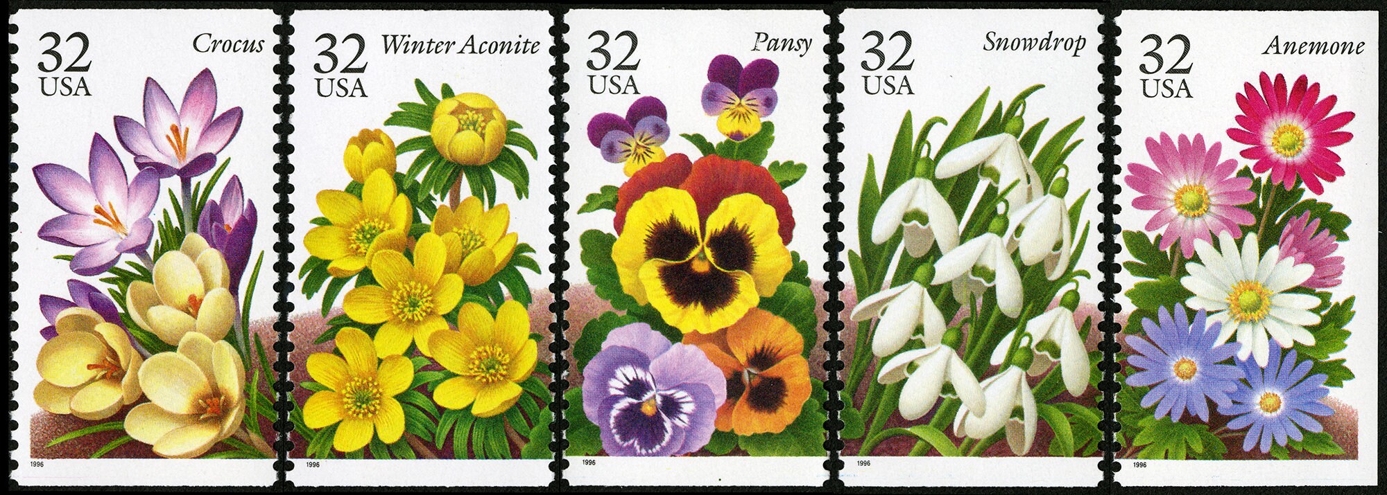 Five 5 Winter garden flowers 32c stamps // vintage unused postage stamps 32 cent stamps // Face value 1.60