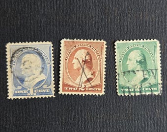 Antique used US Postage Stamps, Jefferson & Franklin, 1880s
