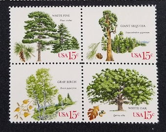 Four 4 vintage unused postage stamps - Trees 15c // 15 cent stamps // Face value 0.60