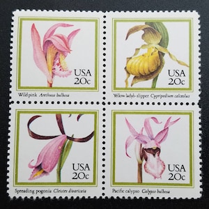Cuatro sellos de 20 c. de 4 orquídeas // Sellos postales antiguos sin usar de 20 centavos // Valor nominal 0,80