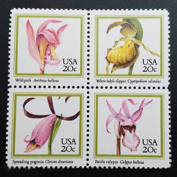 Four 4 vintage unused postage stamps - Orchids 20c // 20 cent stamps // Face value 0.80