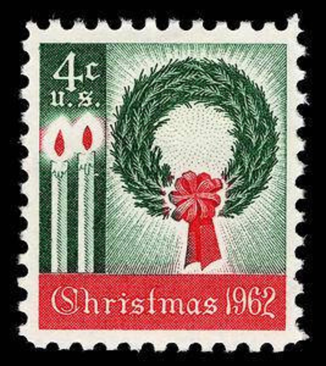 Ten 10 Christmas Wreath 1962 4c Stamps // Vintage Christmas