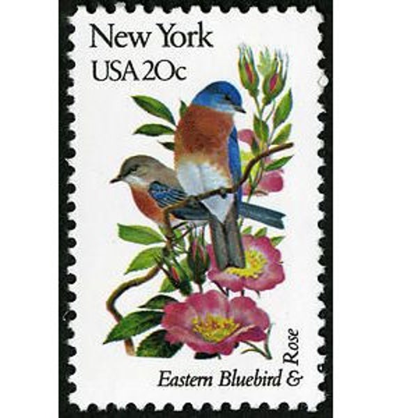 Five 5 vintage unused postage stamps - New York state bird and flower 20c // 20 cent stamps // Face value 1.00