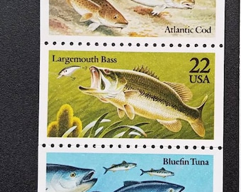 Five 5 vintage unused postage stamps - Fish: muskellunge, cod, bass, tuna, catfish 22c // 22 cent stamps // Face value 1.10