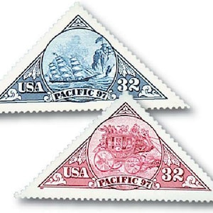 Cinco sellos postales antiguos sin usar de 32 centavos de la diligencia del Pacífico // Sellos de 32 centavos // Valor nominal 1,60