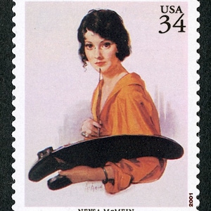 May include: A U.S. postage stamp featuring a portrait of Neysa McMein. The stamp shows a woman in an orange robe holding a paintbrush and a palette. The stamp has the text "USA 34" and "NEYSA MCMEIN". The year "2001" is printed on the stamp.