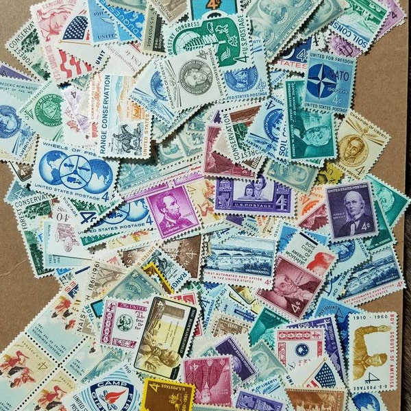 100 vintage 1950s-1960s unused 4 cent postage stamps // 20 DIFFERENT DESIGNS // Face value = 4.00