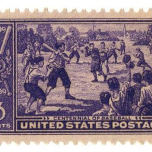 May include: A vintage 3-cent United States postage stamp commemorating the centenary of baseball. The stamp features a purple illustration of a baseball game in progress with players in action. The stamp also includes the years 1839 and 1939, and the text "Centennial of Baseball" and "United States Postage".