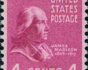 Lot de 5 timbres vintage de 1938 à l'effigie de James Madison (4 cents) // Les Présidents // lot de cinq timbres de 4 cents non utilisés