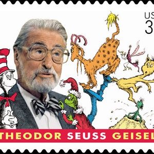 May include: A postage stamp featuring Theodor Seuss Geisel, with illustrations of characters from his books. The stamp includes the text "USA 37" and the name "THEODOR SEUSS GEISEL" in red.