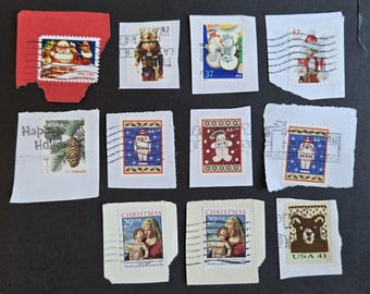 Timbres de Noël oblitérés des années 1990-2000 sur papier // Lot de 11 timbres romantiques oblitérés