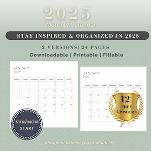 Calendario imprimible mensual 2025, descarga digital, plantilla de calendario imprimible en PDF, calendario rellenable, inicio lunes/domingo, tamaño A4/A5/carta