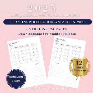 2025 Monthly Planner,Printable Planner,Planner Calendar,Digital Download, Printable Calendar Template PDF,Fillable Calendar,Mon/Sun Start