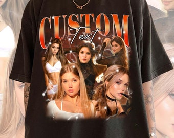 May include: Black oversized t-shirt with a graphic print of multiple women's faces and the text "CUSTOM Text".