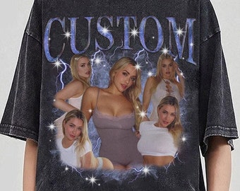 May include: Black t-shirt with a vintage-style graphic print of women and the word "CUSTOM" in blue letters.