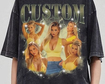 May include: Black t-shirt with a vintage-style graphic print of women wearing yellow tops and denim shorts. The graphic includes the word "CUSTOM" in large, bold letters.