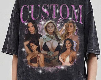 May include: Black t-shirt with a vintage-style graphic print of women and the word "CUSTOM" in pink. The graphic features lightning bolts and stars.