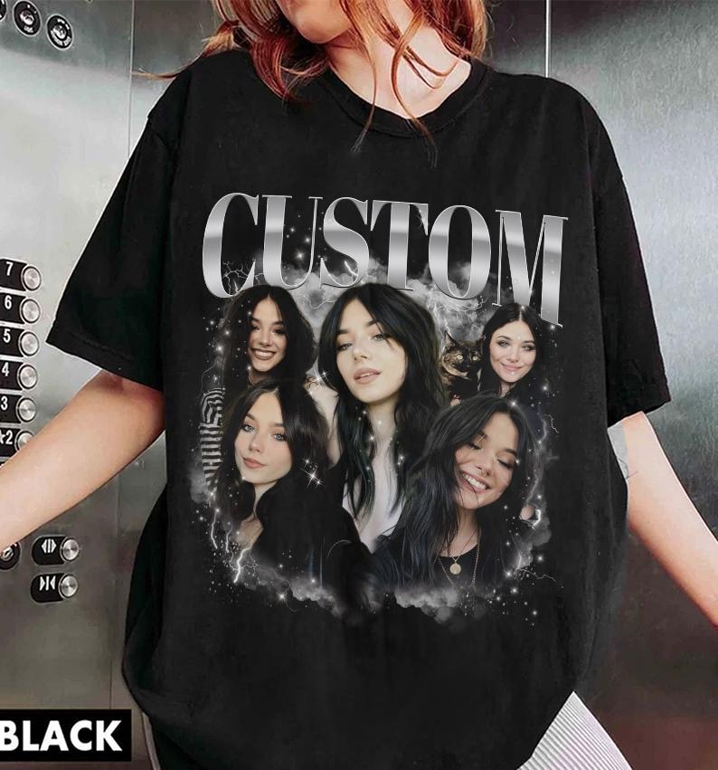 May include: Black t-shirt with a graphic print of four women with the word "CUSTOM" in silver lettering.