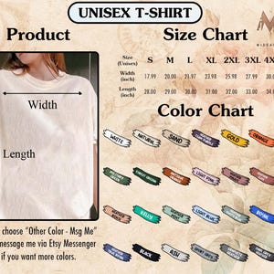 Może przedstawiać: Koszulka unisex z tabelą rozmiar&oacute;w i tabelą kolor&oacute;w. Tabela rozmiar&oacute;w pokazuje szerokość i długość koszulki w calach dla rozmiar&oacute;w od S do 5XL. Tabela kolor&oacute;w pokazuje 24 r&oacute;żne opcje kolor&oacute;w dla koszulki.