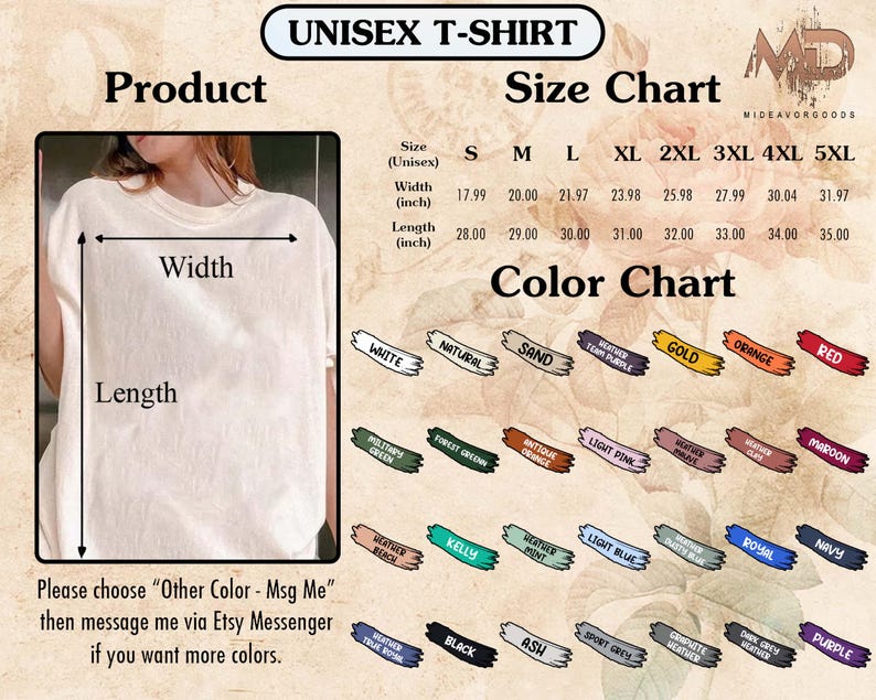 Może przedstawiać: Koszulka unisex z tabelą rozmiar&oacute;w i tabelą kolor&oacute;w. Tabela rozmiar&oacute;w pokazuje szerokość i długość koszulki w calach dla rozmiar&oacute;w od S do 5XL. Tabela kolor&oacute;w pokazuje 24 r&oacute;żne opcje kolor&oacute;w dla koszulki.