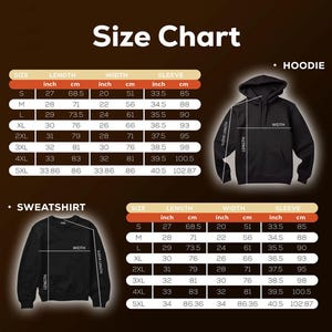 May include: Size chart for hoodies and sweatshirts. The chart shows measurements in inches and centimeters for different sizes, including S, M, L, XL, 2XL, 3XL, 4XL, and 5XL. The chart includes measurements for length, width, and sleeve length.