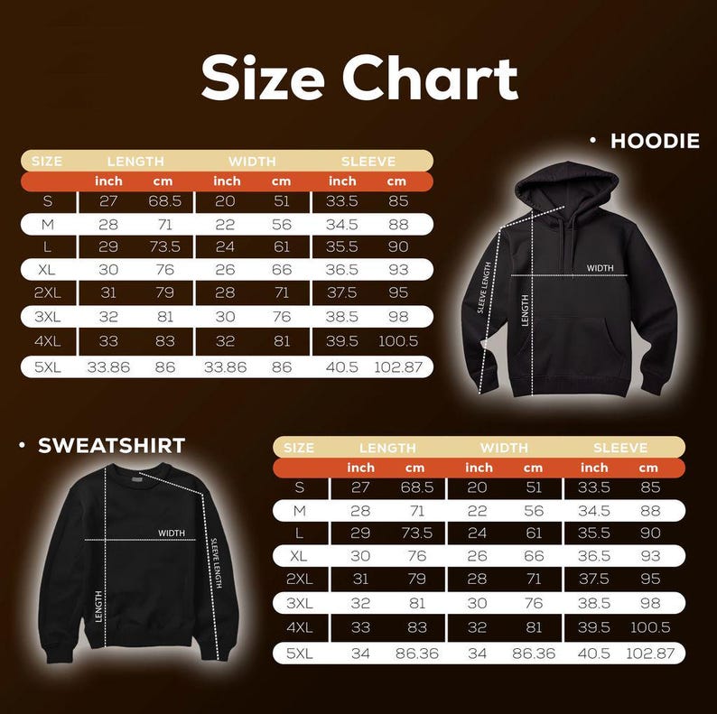 May include: Size chart for hoodies and sweatshirts. The chart shows measurements in inches and centimeters for different sizes, including S, M, L, XL, 2XL, 3XL, 4XL, and 5XL. The chart includes measurements for length, width, and sleeve length.