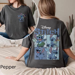 May include: A pepper-coloured t-shirt featuring Disney's Stitch. The front has a small Stitch design with the name "William". The back displays a larger Stitch graphic with the Disney logo and the word "Stitch".