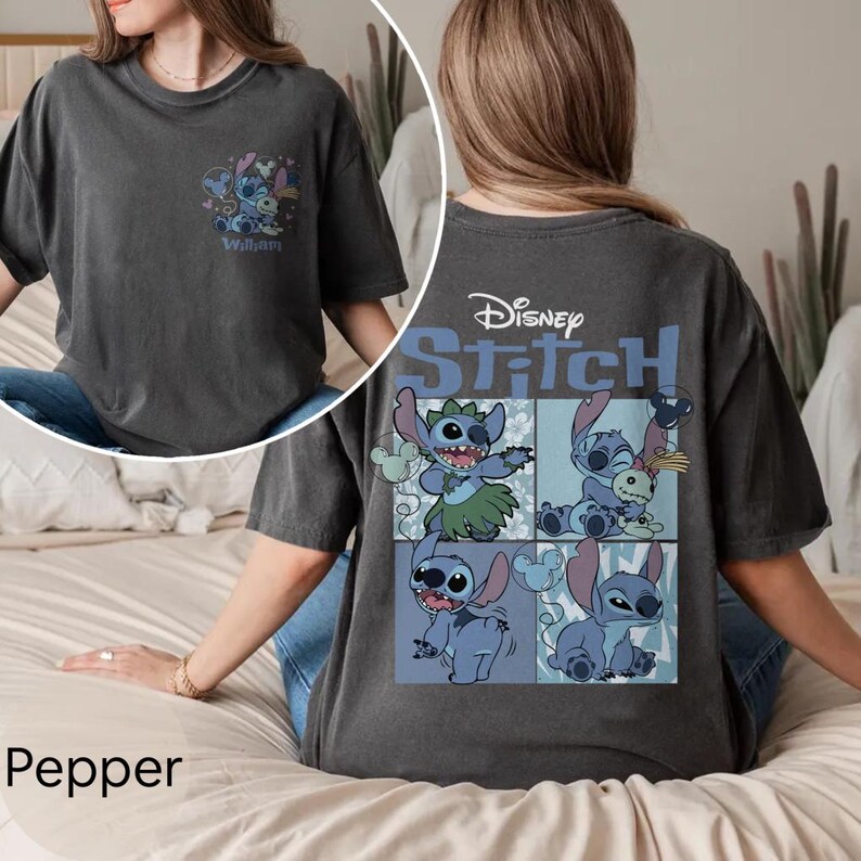 May include: A pepper-coloured t-shirt featuring Disney's Stitch. The front has a small Stitch design with the name "William". The back displays a larger Stitch graphic with the Disney logo and the word "Stitch".