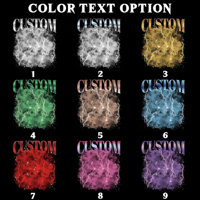 May include: Nine different color options for a customizable design featuring a lightning bolt graphic with a galaxy background. The text "CUSTOM" is displayed above each design.