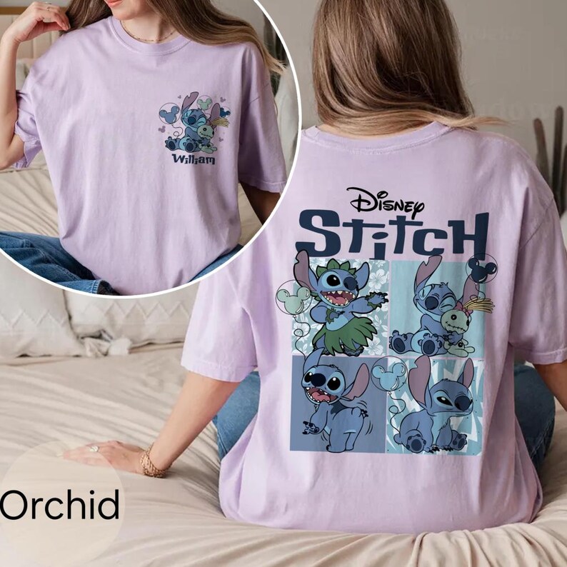 May include: Orchid-coloured t-shirt featuring Disney's Stitch. The front has a small graphic with Stitch and the name "William". The back displays a larger design with Stitch in various poses, along with the Disney Stitch logo. The shirt is a comfortable, casual style.