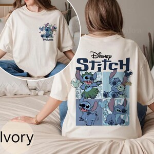 May include: Ivory t-shirt with a Disney Stitch design. The front features a small graphic of Stitch and the name "William". The back displays the Disney Stitch logo and several Stitch illustrations in blue and green.