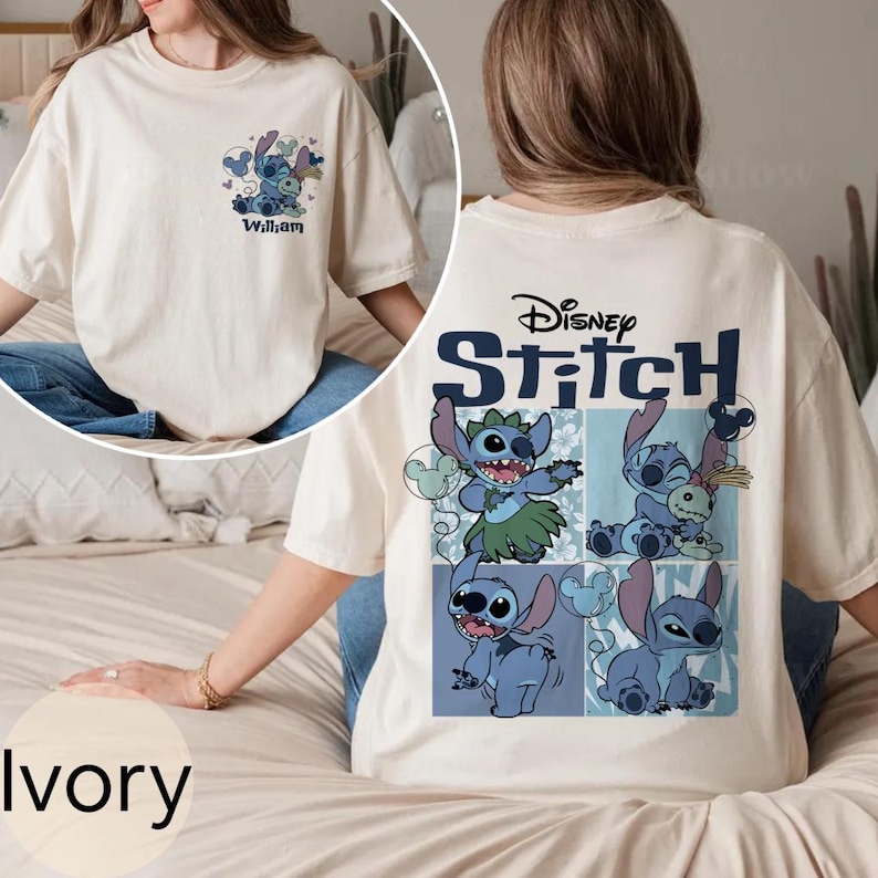 May include: Ivory t-shirt with a Disney Stitch design. The front features a small graphic of Stitch and the name "William". The back displays the Disney Stitch logo and several Stitch illustrations in blue and green.