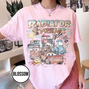 May include: Pink t-shirt featuring a colorful graphic of the town of Radiator Springs with various car characters. The text "Radiator Springs" is displayed above the cars. A white circle with the word "BLOSSOM" is at the bottom.