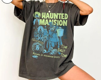 Koszulka retro "Nawiedzony dwór" z napisem "Witamy głupich śmiertelników", "Madame Leota Hitchhiking Ghosts The Hatbox Ghost", impreza halloweenowa Disney w stylu vintage