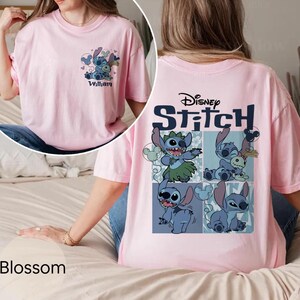 May include: Pale pink t-shirt featuring Disney's Stitch. The front has a small Stitch graphic with the name "William". The back displays a larger Stitch design with the Disney logo and multiple Stitch illustrations. The shirt is a light pink colour.