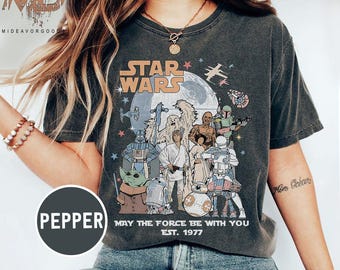 Camiseta vintage Disney Star Wars May The Force Be With You Est 1977, camiseta grupal de personajes de Star Wars de Galaxy's Edge, camiseta familiar de WDW Disneyland