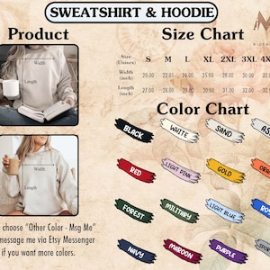 Może przedstawiać: Tabela rozmiar&oacute;w dla bluz i bluz z kapturem z wymiarami w calach. Tabela pokazuje szerokość i długość bluz i bluz z kapturem w rozmiarach od S do 5XL. Tabela kolor&oacute;w przedstawia 16 r&oacute;żnych kolor&oacute;w dla bluz i bluz z kapturem.