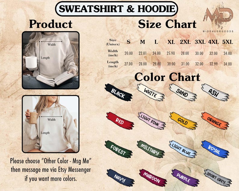 Może przedstawiać: Tabela rozmiar&oacute;w dla bluz i bluz z kapturem z wymiarami w calach. Tabela pokazuje szerokość i długość bluz i bluz z kapturem w rozmiarach od S do 5XL. Tabela kolor&oacute;w przedstawia 16 r&oacute;żnych kolor&oacute;w dla bluz i bluz z kapturem.