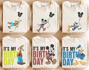 Koszulka z imieniem dla małego dziecka Myszka Miki i przyjaciele z balonem, spersonalizowany prezent urodzinowy Myszka Miki, rodzinna wycieczka do Disneylandu