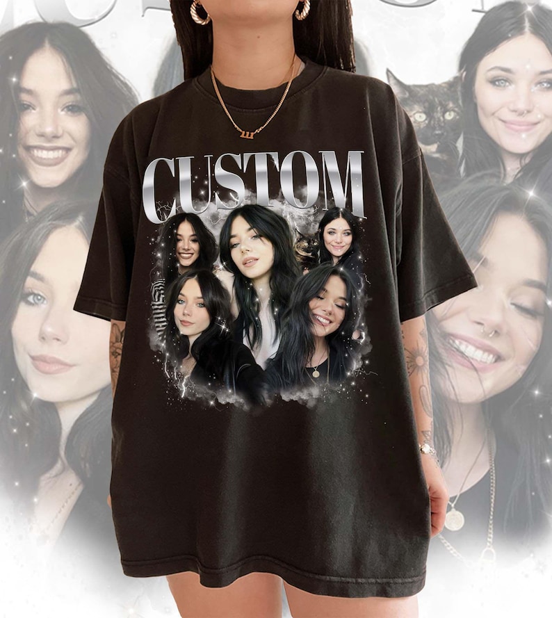 May include: Black t-shirt with a silver "CUSTOM" graphic and a collage of five women's faces. The faces are surrounded by a white cloud-like design.