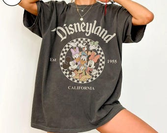 chemise vintage Disneyland Est 1955 couleurs confort, chemises à carreaux Disney Mickey et ses amis, t-shirt famille Disney, T-shirt voyage fille Disney
