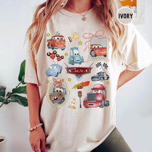 Vintage Coquette Bows Disney Cars Shirt, Lightning McQueen Mater Doc Hudson Sally Carrera Birthday Cars Family Shirt, Disney Girl Trip Shirt
