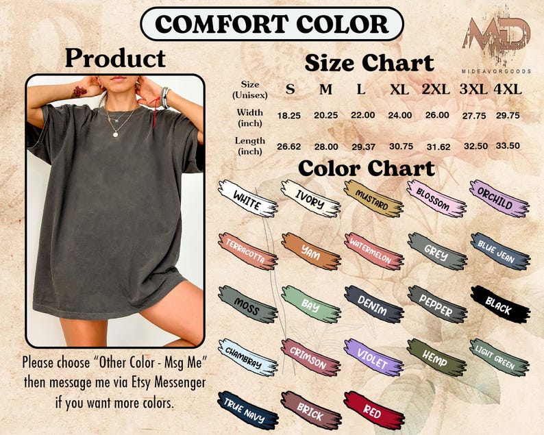 Może przedstawiać: Szara, oversize'owa koszulka z tabelą rozmiar&oacute;w i paletą kolor&oacute;w. Tabela rozmiar&oacute;w pokazuje wymiary w calach dla rozmiar&oacute;w od S do 4XL. Paleta kolor&oacute;w przedstawia 20 r&oacute;żnych opcji kolorystycznych dla koszulki.