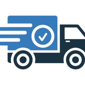 May include: A blue and black delivery truck icon with a white checkmark inside a circle on the side of the truck. The truck has a white speed line behind it, indicating fast delivery.